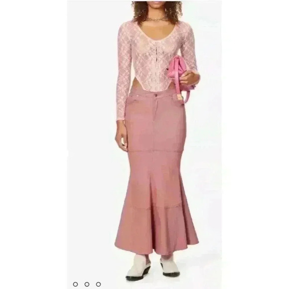 New Women Pale Pink House Of Sunny Denim Tulip Skirt Size 2 - Picture 2 of 16